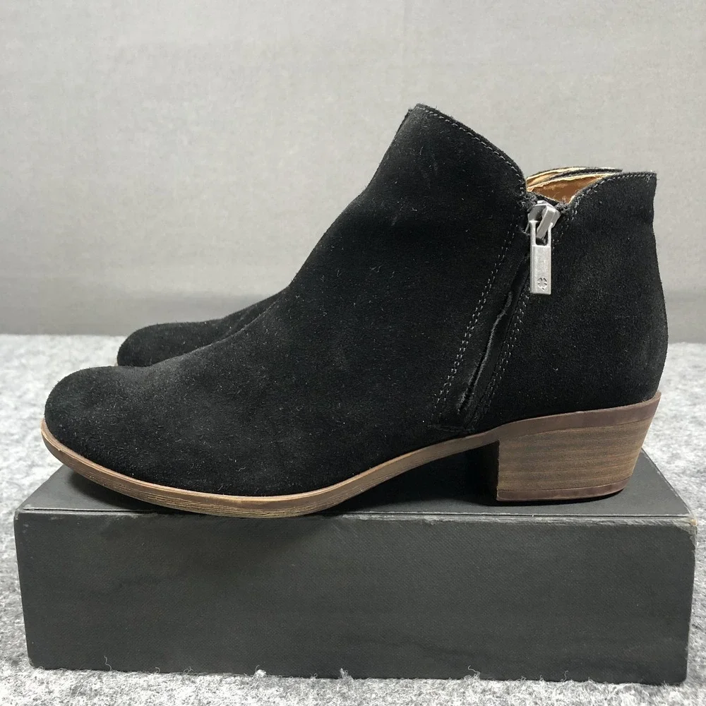 Lucky Brand Barough Booties Womens 7.5M Black Suede Block Heel Zip LP-BAROUGH